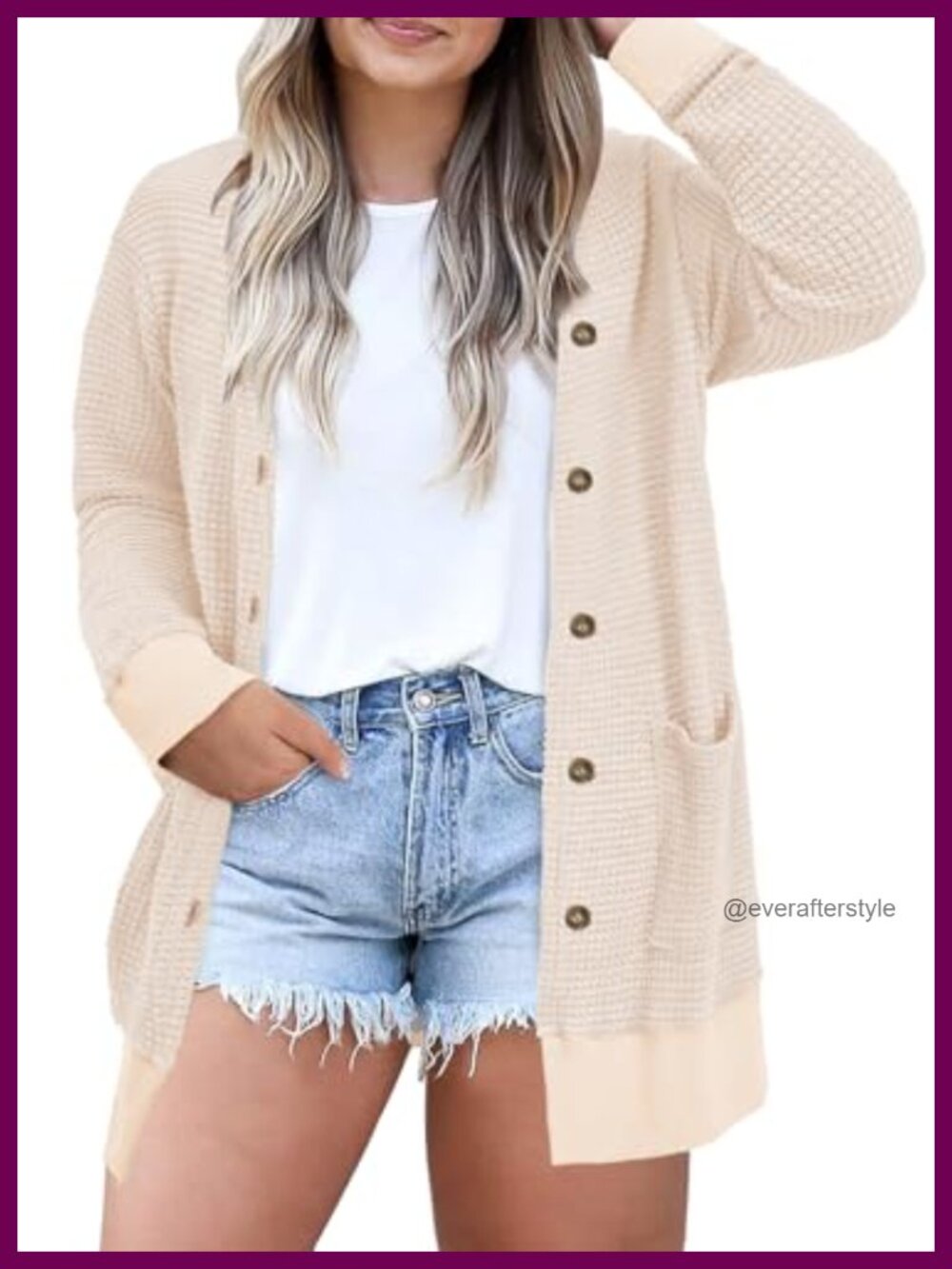 Plus Size Waffle Knit Button Down Cardigan Long Sleeve Pockets